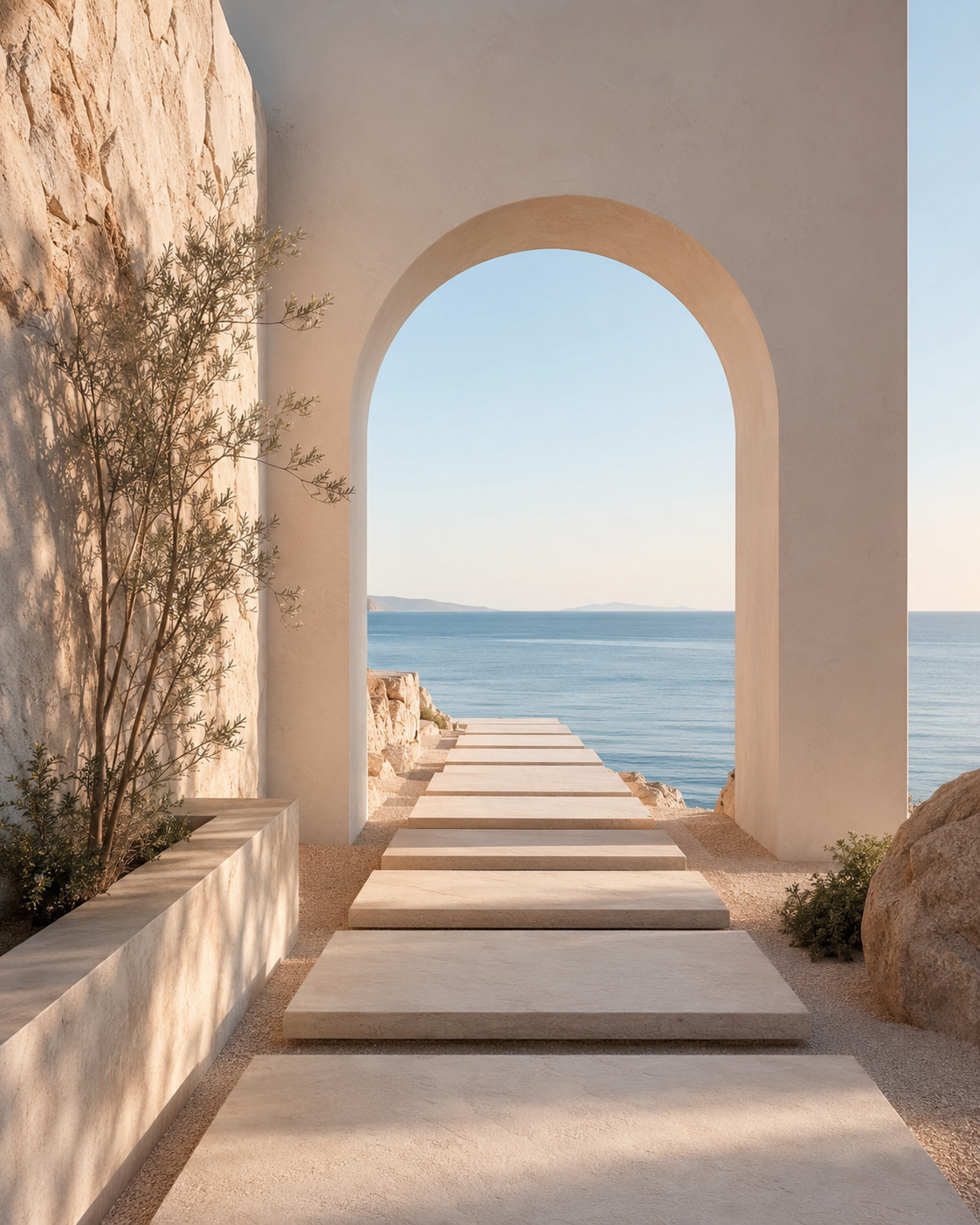 Arched walkway opening toward a calm sea